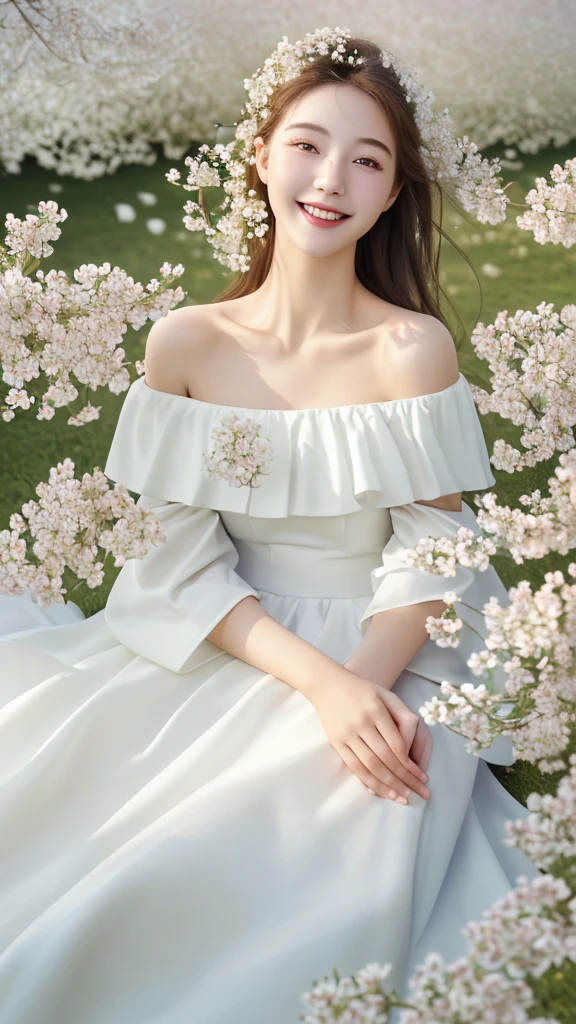 Best quality, masterpiece, ultra high res, (photorealistic:1.4), raw photo, 1girl, white dress, off shoulder, blossom flower field, glowing skin, light smile