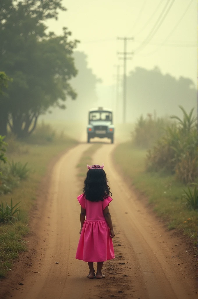 Serra Gaucha, dirt road with dust in the air, girl, pink outfit, tiara on her head with her back to the scene, a taxi with her back to the scene. Low angle