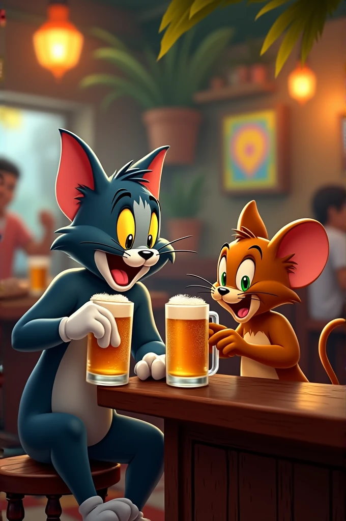 Create an image of Tom and Jerry drinking beer in a bar in Brazil