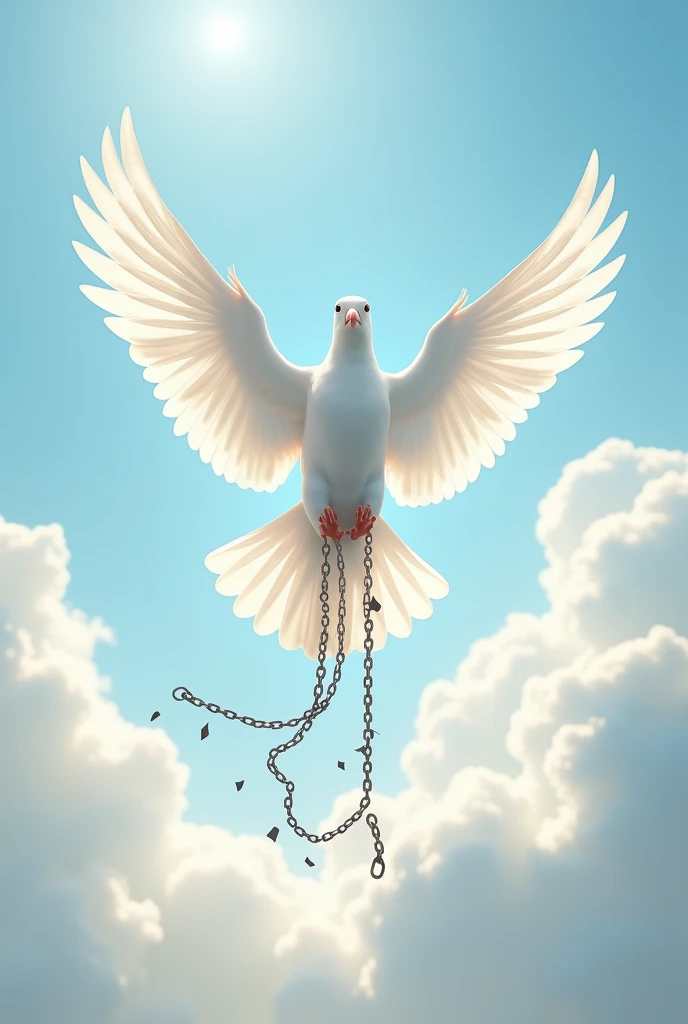 A white dove from the sky down with 2 open wings and with broken chains