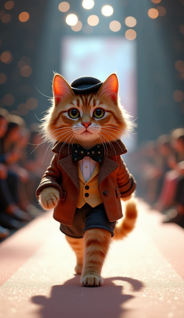 cute cat walking down runway wearing fashion clothes