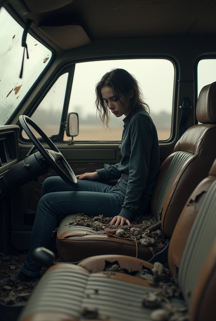 Make a picture of the inside of a car where the seats are completely broken and next to it there is a worried or sad person.
