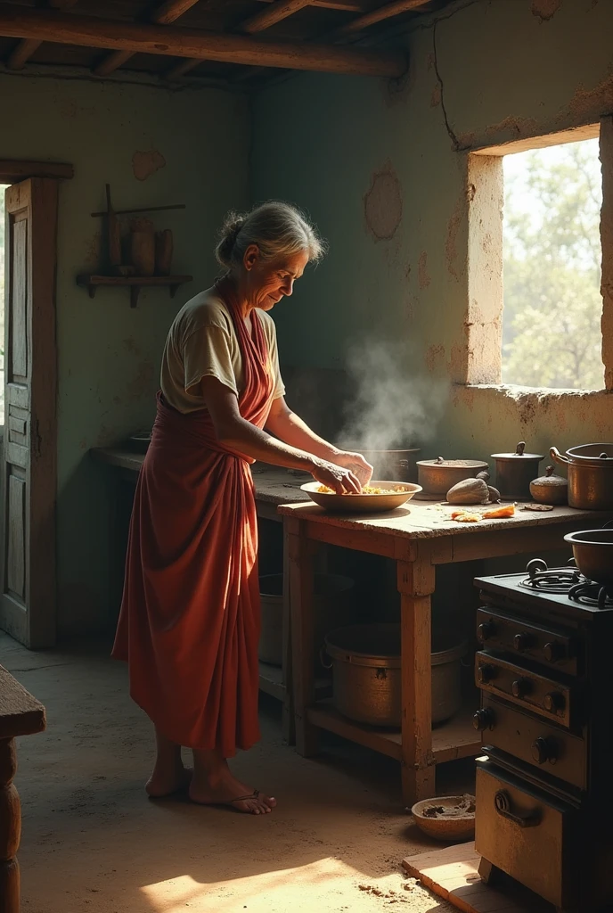 Poor lady making food in indian bad kitchen