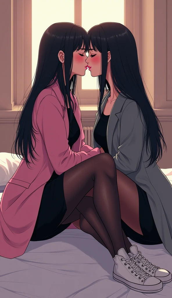 Two young womens, long black hairs, yuri, lesbian
The first young women black eyes wear a pink coat, black shirt, black pencil skirt, black underpants, black tights, white socks, white sneakers high top.
The second young women black eyes wore a grey coat, black shirt, black pencil skirt, black underpants, black tights, white socks, white sneakers high top.
french kiss, lesbian kiss, kissing, hugging, sensual body, closed eyes, sitting on the bed, cartoon novel, 4K, HD