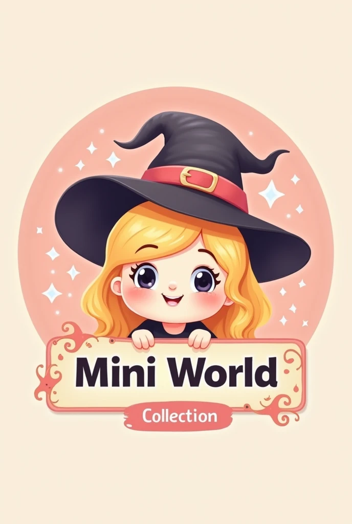 Create a logo drawn with the face of a cute witch with a sign that says:MIKI WORLD COLLECTION
Let the witch be blonde
Put the drawing in a circle shape and put stars on it
Let the background of the circle be pink.vuleve a hacer esta imagen pero que el cartel diga: MINI WORLD COLLECTION