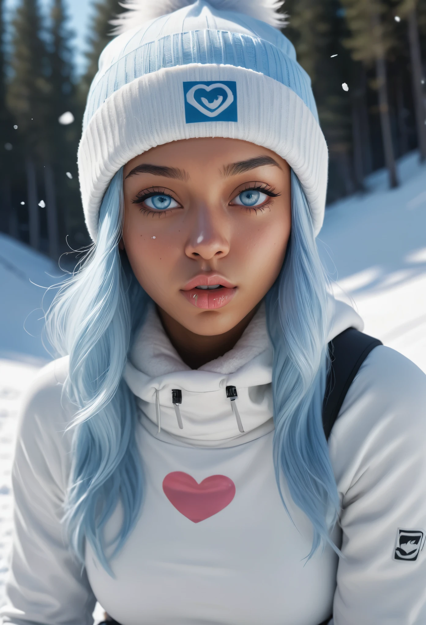 (masterpiece, best quality, photorealistic, Instagram photo,1 girl, Nia Johnson, sexy girl, beautiful girl, young lady, solo, Realism, natural light, ray tracing, Subsurface scattering, high-resolution, realistic style, 8k , official art, aesthetic, high contrast, extreme detailed background, soothing tones, realistic, beautiful light blue eyes, (sad face), perfect face, detailed face, detailed hair, shiny skin, perfect skin, (2:1.4), blush,(opening clothes:1.1), Thick long light blue hair, cute toque, (wide shot:1.5),(breast,cleavage:1.1), (Sports theme:1.5),((snowboarding), ((blowing kiss: 1.5)), (wearing white_light_blue_winter_outfit:1.3),1girl,Breasts