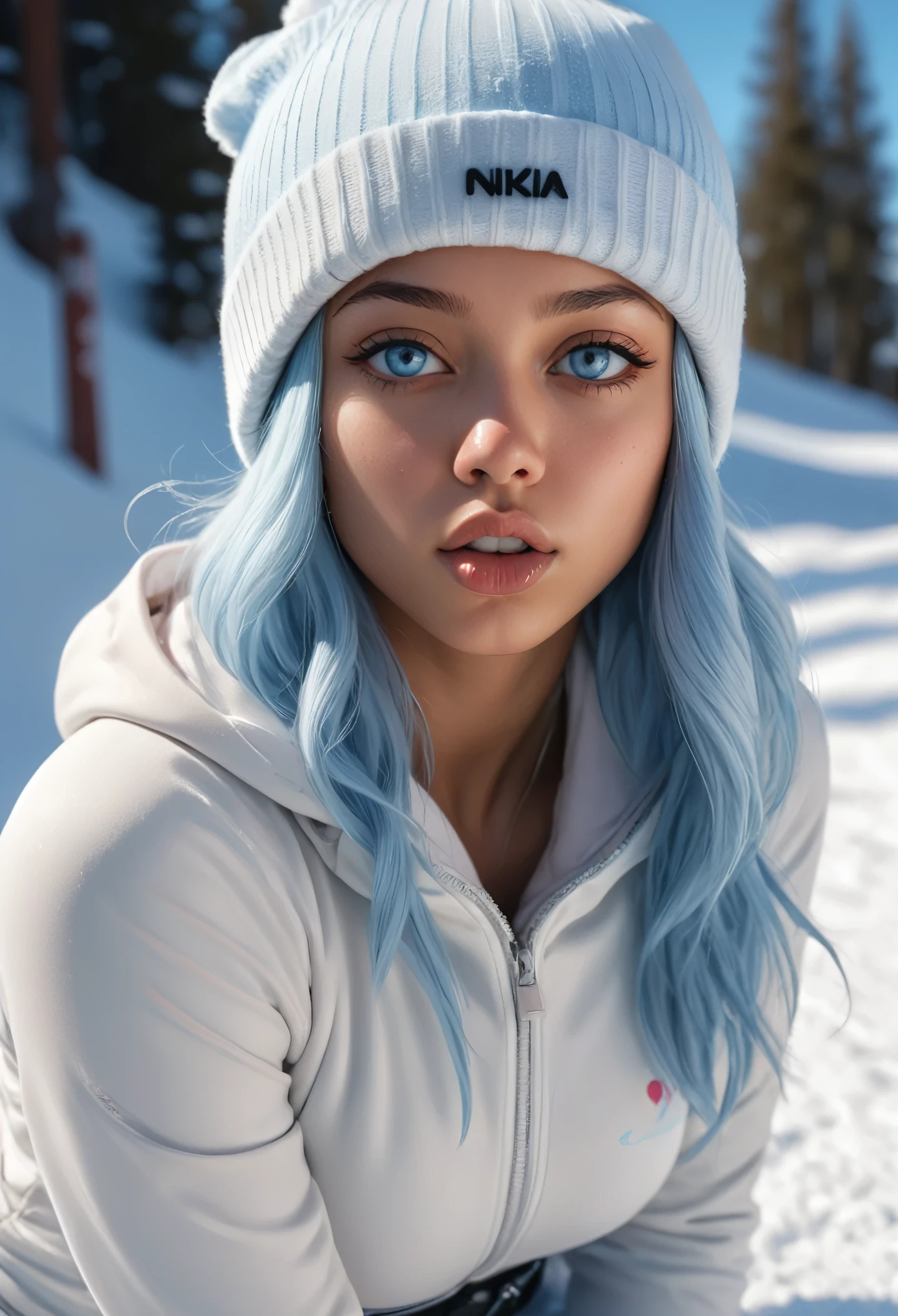 (masterpiece, best quality, photorealistic, Instagram photo,1 girl, Nia Johnson, sexy girl, beautiful girl, young lady, solo, Realism, natural light, ray tracing, Subsurface scattering, high-resolution, realistic style, 8k , official art, aesthetic, high contrast, extreme detailed background, soothing tones, realistic, beautiful light blue eyes, (sad face), perfect face, detailed face, detailed hair, shiny skin, perfect skin, (2:1.4), blush,(opening clothes:1.1), Thick long light blue hair, cute toque, (wide shot:1.5),(breast,cleavage:1.1), (Sports theme:1.5),((snowboarding), ((blowing kiss: 1.5)), (wearing white_light_blue_winter_outfit:1.3),1girl,Breasts