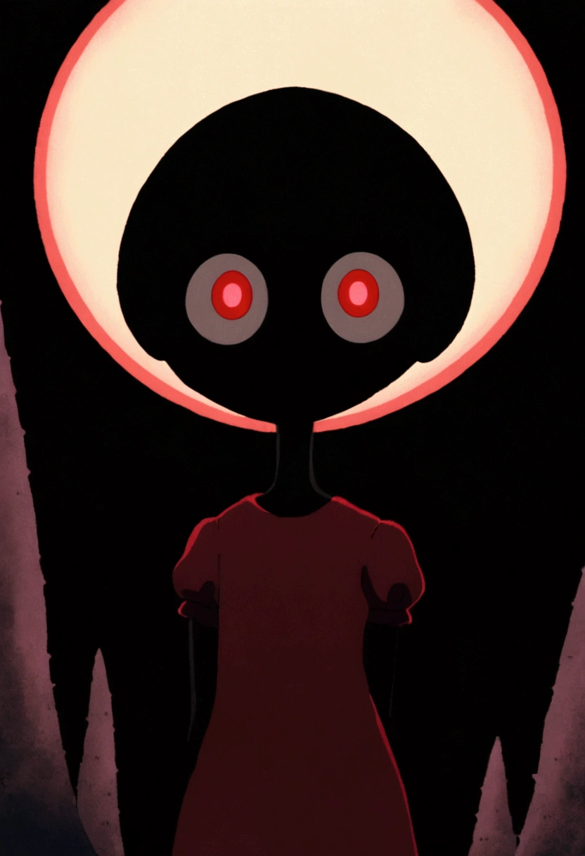 painting of a person standing in front of a red eye, yume nikki, animated film still, still from animated horror movie, inspired by Junji Ito, animation film still, one eye red, red-eyes, visible pupils, inspired by Gertrude Abercrombie, junji ito artwork, eerie and grim art style, red eyes wide open, animation still