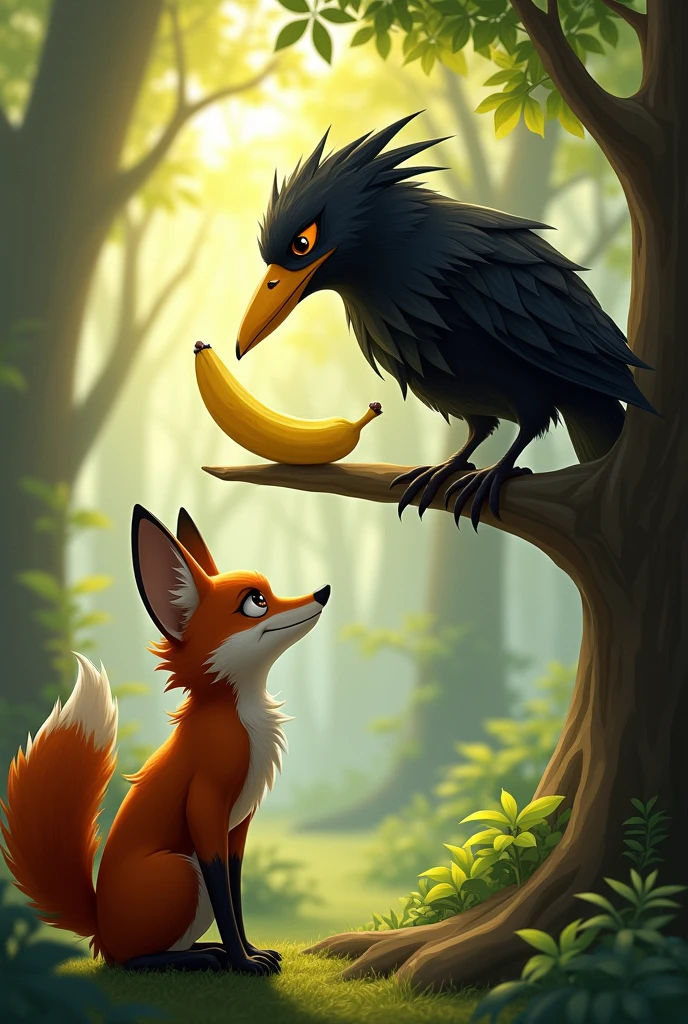 Image Description: A crow is perching on a tree, with a large piece of banana in its beak. Under the tree, a fox is looking at the crow curiously.
Fox Dialogue (in the heart):
“That banana looks delicious.. I have to get it.”
