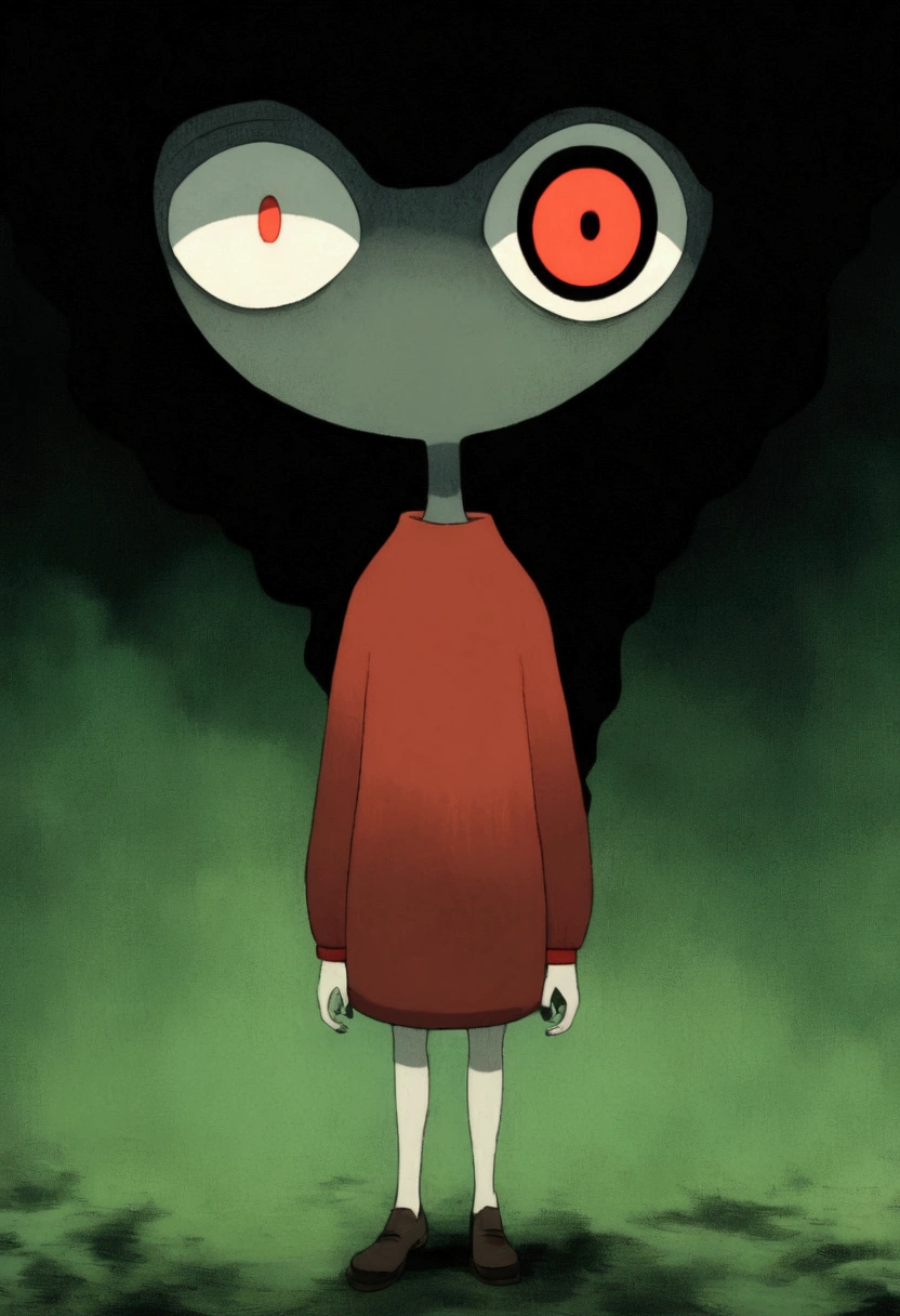 painting of a person standing in front of a red eye, yume nikki, animated film still, still from animated horror movie, inspired by Junji Ito, animation film still, one eye red, red-eyes, visible pupils, inspired by Gertrude Abercrombie, junji ito artwork, eerie and grim art style, red eyes wide open, animation still