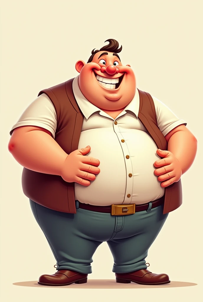 a fat man smiling comically, holding belly with both hands in 2d