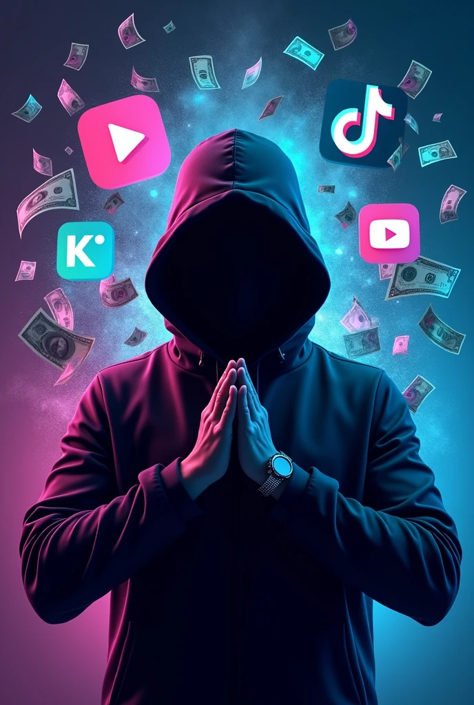 "Create a high-resolution, visually striking course cover image featuring a male figure hiding his face with a mask or covering that makes it difficult to identify his features, ensuring a high level of anonymity. The figure should be positioned dynamically in an action pose to emphasize secrecy. Use a vibrant and colorful background with a gradient or abstract design, incorporating rich, contrasting colors like deep blue, purple, and dark gray to add depth and visual interest, with a highly detailed and vibrant appearance. Place symbols of financial success, such as dollar signs ($), stacks of bills, or currency icons prominently behind the male figure, ensuring they are bold, highly detailed, and sharply contrasted. Integrate images of the TikTok, YouTube, and Kwai app icons into the background with exceptional clarity and resolution, making them large, prominent, and highly visible against the colorful backdrop. Include visual references to video editing, such as camera icons, film reels, or editing software icons (like scissors or a timeline), also in high resolution and vivid detail, subtly blended into the background but remaining clear and detailed. The overall style should be sleek and modern, with a balanced composition that ensures the main subject and thematic elements (money, video editing, and app icons) are visually harmonious and impactful. Avoid any text or written elements. The image should effectively convey the concepts of financial success through video content creation and the presence of popular video platforms while maintaining the theme of anonymity."