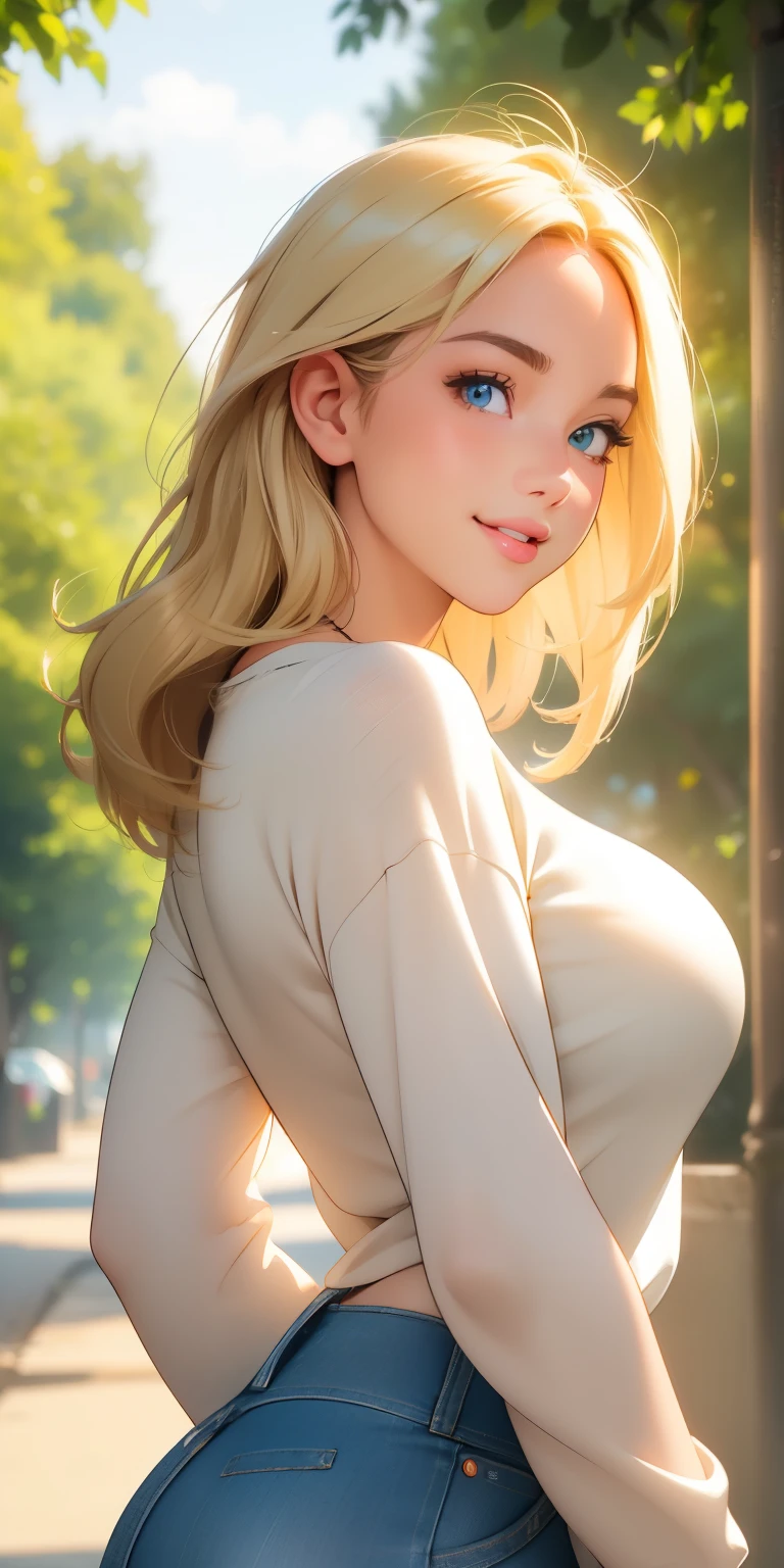 (best quality, ultra-detailed, photorealistic: 1.39), Face of naughty 2 teenager, bright and vibrant colors, studio lighting, romantic expression, Perfect big breasts, cute blouse, long sleeves, jeans, Short blonder hair, bob style, bangs flowing in the wind, attractive eyes, lips bright, sexy pose, smiling seductively, posing for a professional photo shoot, shallow depth of field, soft natural lighting, creating a romantic and magical atmosphere, street, summer, sunny day, trees