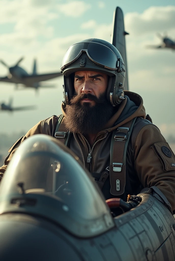 Ace pilot ghazi
Ww2 plane
Pilots in foreground
Pilot a little young ,white and larger beard