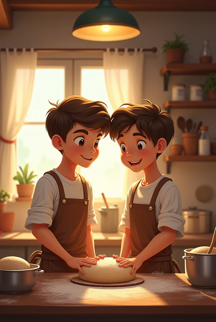 Two brothers baking bread at home