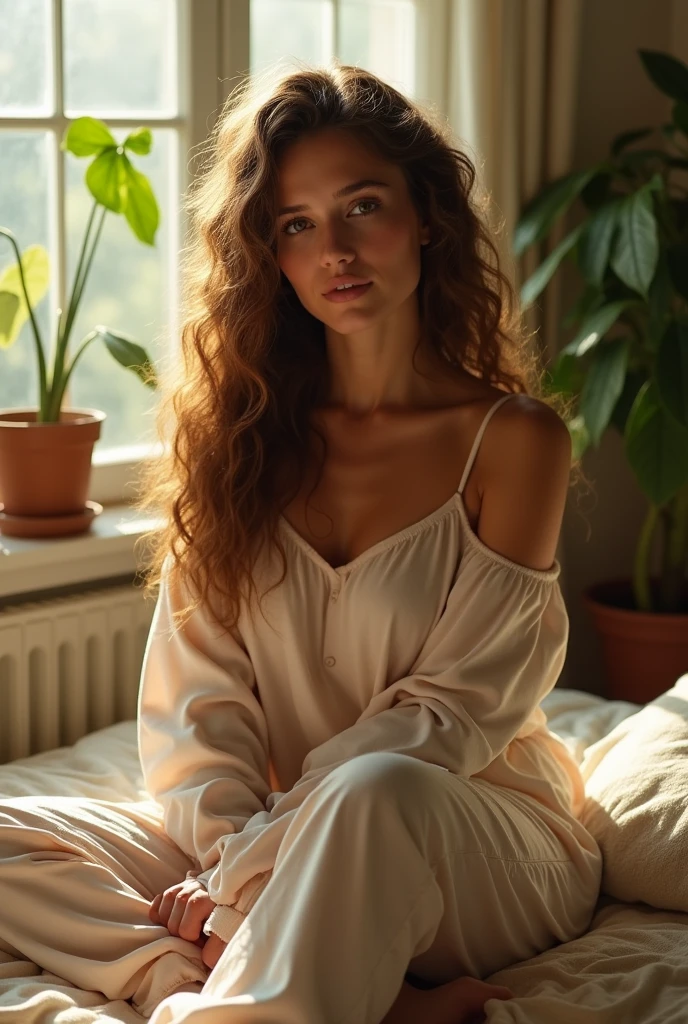 (photorealism:1.2), beautiful woman, sitting on bed, wearing loose off-shoulder top, pajama pants, long curly hair, indoors, soft lighting, plants in background, window with sunlight, cozy room, relaxed pose, realistic, intricate details, warm colors, by Greg Rutkowski, by Alphonse Mucha