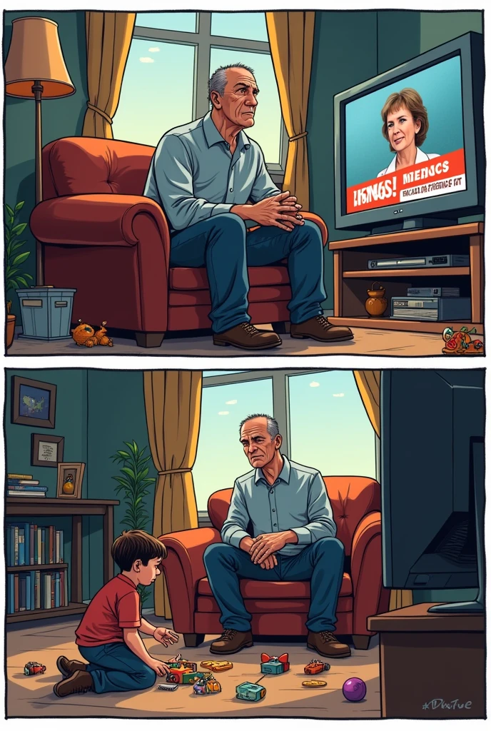 Create a cartoon where in the first frame a man is watching TV in a living room, where there is a  playing on the floor, and on TV there is news about a woman who was attacked, and the man thinks it&#39;s wrong, In the next cartoon the child breaks a toy and the man is about to attack him. 