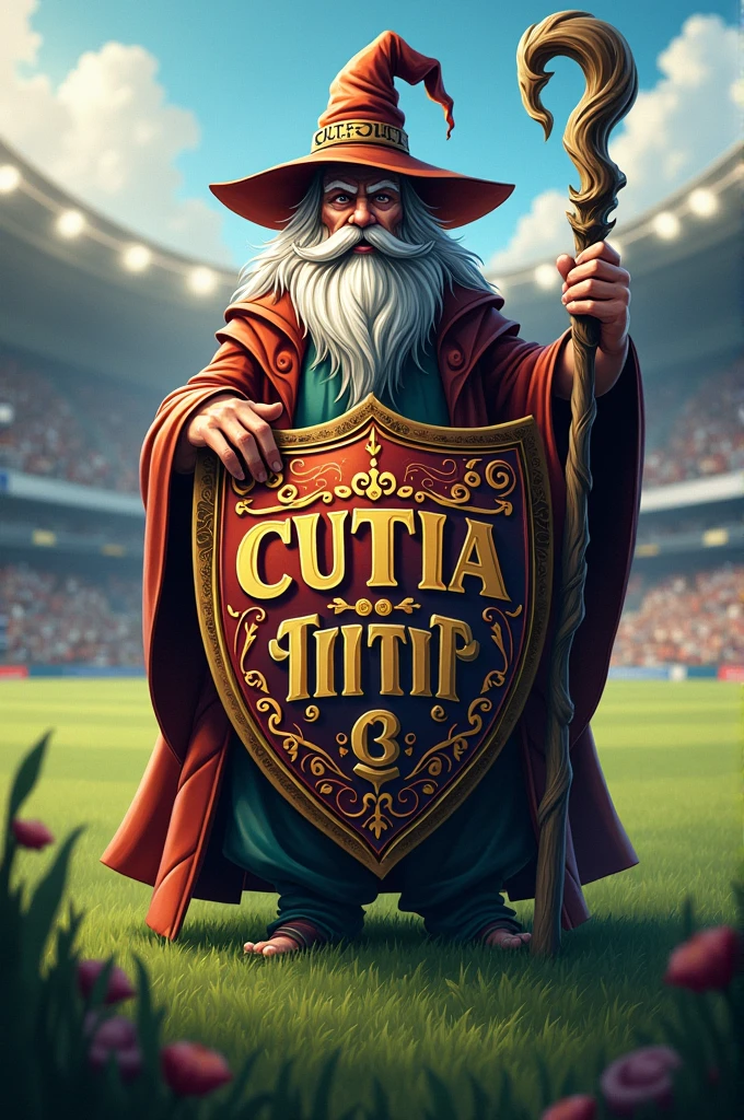 Create a shield with the word cutia Futebol Clube written on it with a wizard as a mascot