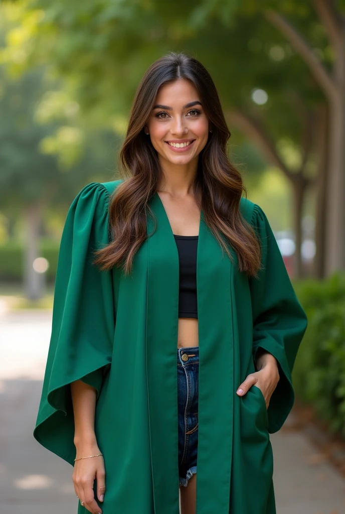 A Brazilian woman,1metro e 58, Environmental management graduate, Caucasian skin, eyes browns, long hair, smooth ass, dark brown with highlights, dressed in green graduation gown