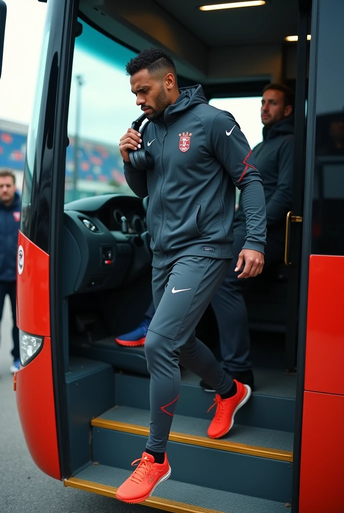 European football player, leaving the club sports bus, with headphones from ear,, sports environment
