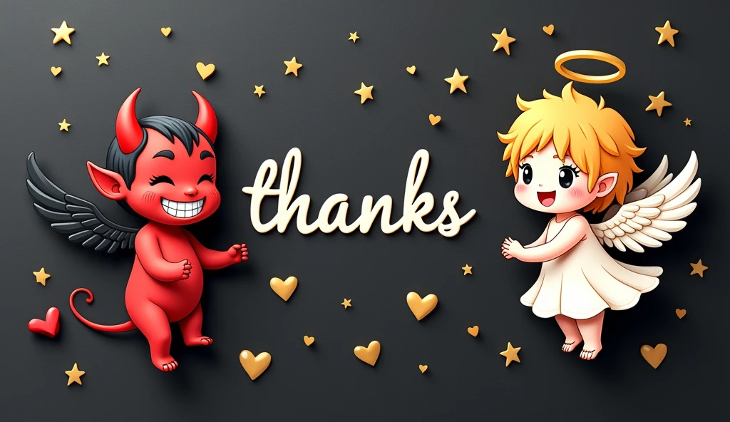 chibi, kawaii, cute, a devil with a wicked smile and an angel with a kind smile, with the word "Thanks" written between them, background black construction paper, golden hearts and shooting stars scattered all over