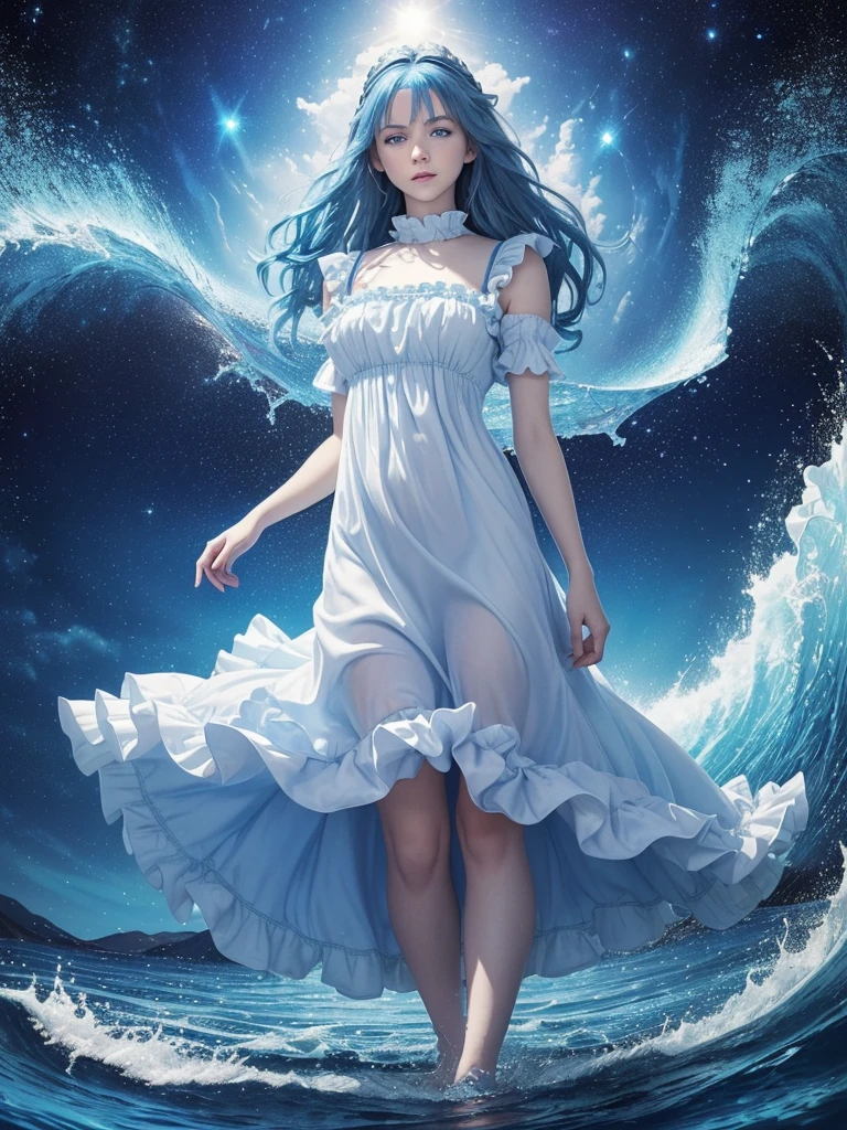 absurdity, a high resolution, (official art, beautiful and aesthetically pleasing:1.2), (Near vision:1.15), (1 girl, blue hair, medium hair, Blue eyes, bright eyes, long white dress, blue frill,:1.2) blue sky, Twinkling Galaxy, (Salar de Uini:1.2), (fractal art:0.8), water effects, Wave effects, (flower effects: 0.65), Lighting effects,