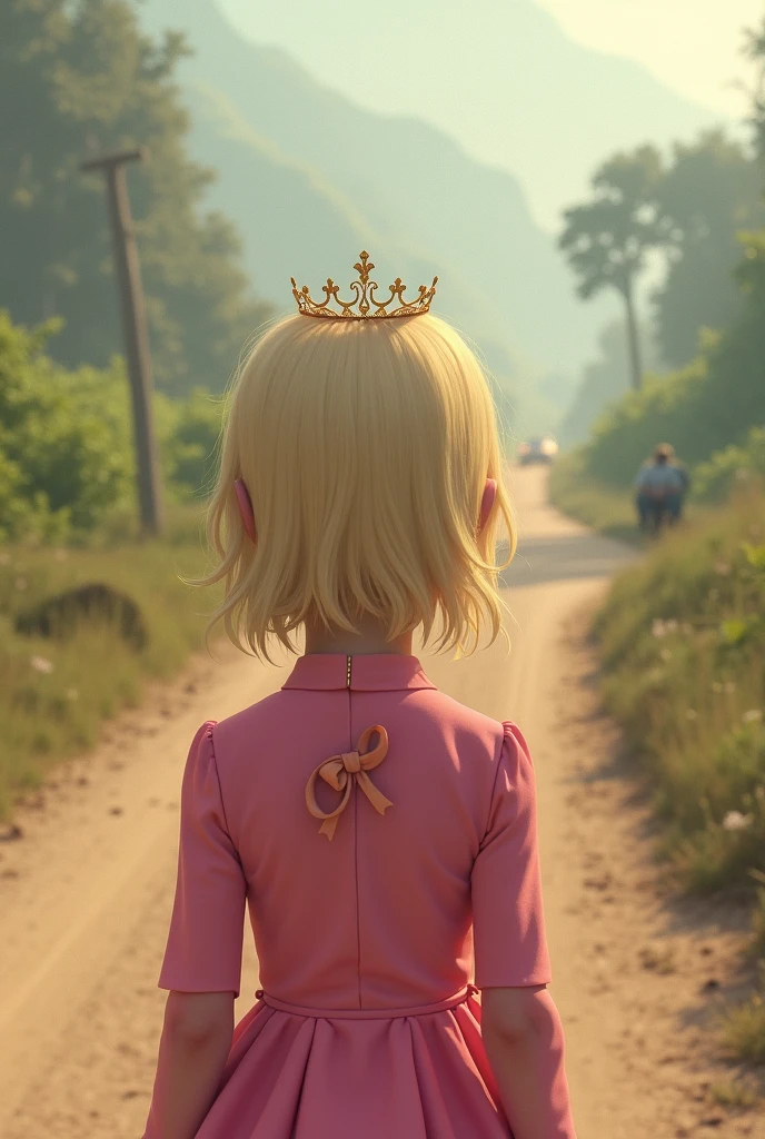 Serra Gaucha, dirt road with dust in the air, blondie girl, pink outfit, tiara on her head with her back to the scene, a taxi with her back to the scene. Low angle