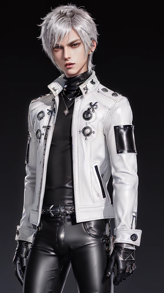 ((Final fantasy taste and reality graphics)), ((Japanese young cute and cool ikemen boy)), his age is early 20s, thin eyebrows and beady eyes, ((((he wearing white color and shining brightly enamel leather thick single-brest jacket)))), ((with epaulet)), ((enamel leather jacket close all zippers)),, ,(( jacket collar is high length stand-up collar with belts)), , (((also wearing black color turtleneck shining brightly enamel leather shirts))), (((tight black and shining brightly enamel leather pants))), ((((shining brightly black enamel leather tight and thin glove)))), ((black color and shining brightly leather knee-high raceup boots)),head-to-toe, whole body, boy looks like fashion model,Do not show skin from the neck down,(((all his clothes are smooth design and very shining))),(((Avoid adding unnecessary decorations to your clothes)))