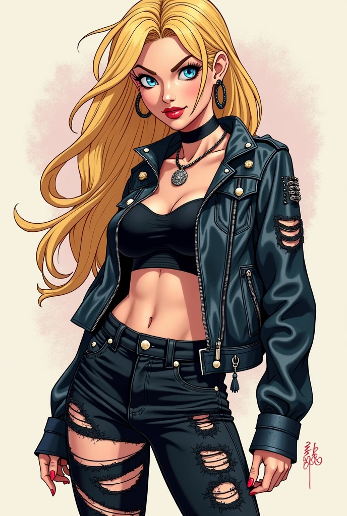 Full body. Disney princess. A young woman ilustration on her 20's with long blond hair and blue eyes. punk clothes (trash and balck). rock style