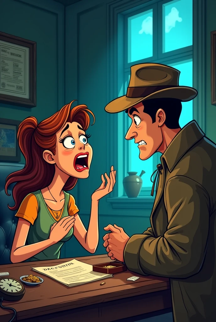 Scared woman talking to detective about her lost necklace in cartoon style