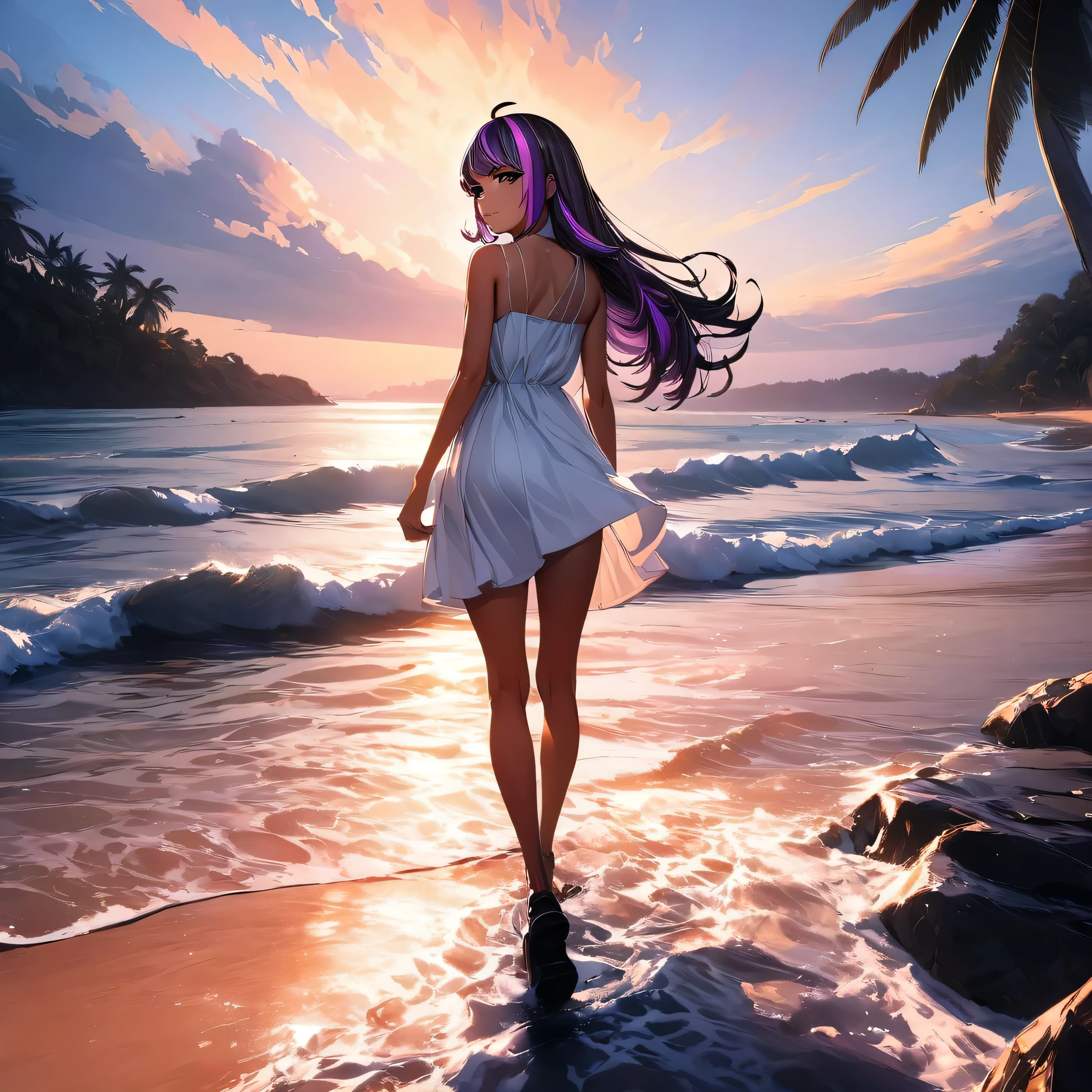 (highest quality:1.2, Very detailed, up to date, Vibrant, Ultra-high resolution, High Contrast, masterpiece:1.2, highest quality, Best aesthetics), super wide angle:1, Portraiture、girl、surfer, solo, (25-years-old:1), Bright colors、Beautiful fine details、Beautiful lip detail, long hair、black and purple ((streaked hair:1.6)), highlights hair: 1.5, brown eyes, ((slim body:1.4)), (small breast:0.7), (dark skin:0.5), summer dress, loose fit, standing tropical beach:1, parm trees, from behind:2, looking beautiful sunset, Backlit, ((rear view:1)), look away:1, (full body:1.5),