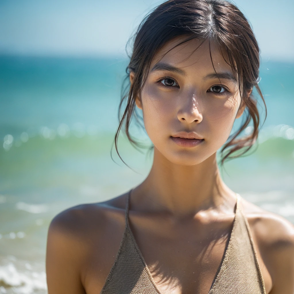 A hyper-realistic image of a single Japanese woman in her early 20s, captured with the nostalgic warmth and pronounced graininess of a film camera, showing her from the shoulders up as she stands on a sunlit beach. Her skin has a warm beige tone with a natural, visibly rough texture that includes pronounced pores, fine lines, and subtle imperfections such as small blemishes, slight unevenness, and a hint of sun exposure, contributing to the authenticity of her appearance. The texture of her skin is intentionally less smooth, with a tangible roughness that enhances the realism, making the surface appear slightly weathered by the elements. The soft, diffused natural light illuminates her face and shoulders with a gentle touch, casting shadows that subtly reveal the unevenness of her skin. Her straight, glossy black hair flows naturally in the ocean breeze, framing her face, and her deep brown eyes reflect the soft sunlight and the shimmering sea. The film camera effect amplifies the grain and texture, creating a warm, nostalgic atmosphere while maintaining the deliberately rougher, less polished texture of her skin. The composition, focused on her upper body, captures the serene elegance of the beach setting, highlighting the natural interaction of light and shadow on her skin. This combination of a rough, realistic skin texture, soft natural light, and the grainy film-like qualities ensures that the image presents an authentic, lifelike portrayal of the woman, centered on her face and shoulders.