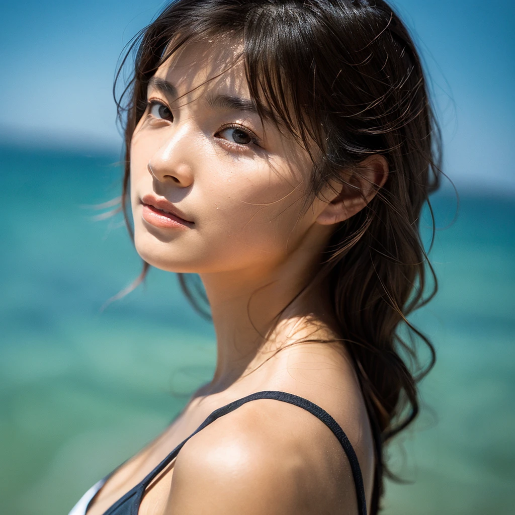 A hyper-realistic image of a single Japanese woman in her early 20s, captured with the nostalgic warmth and pronounced graininess of a film camera, showing her from the shoulders up as she stands on a sunlit beach. Her skin has a warm beige tone with a natural, visibly rough texture that includes pronounced pores, fine lines, and subtle imperfections such as small blemishes, slight unevenness, and a hint of sun exposure, contributing to the authenticity of her appearance. The texture of her skin is intentionally less smooth, with a tangible roughness that enhances the realism, making the surface appear slightly weathered by the elements. The soft, diffused natural light illuminates her face and shoulders with a gentle touch, casting shadows that subtly reveal the unevenness of her skin. Her straight, glossy black hair flows naturally in the ocean breeze, framing her face, and her deep brown eyes reflect the soft sunlight and the shimmering sea. The film camera effect amplifies the grain and texture, creating a warm, nostalgic atmosphere while maintaining the deliberately rougher, less polished texture of her skin. The composition, focused on her upper body, captures the serene elegance of the beach setting, highlighting the natural interaction of light and shadow on her skin. This combination of a rough, realistic skin texture, soft natural light, and the grainy film-like qualities ensures that the image presents an authentic, lifelike portrayal of the woman, centered on her face and shoulders.