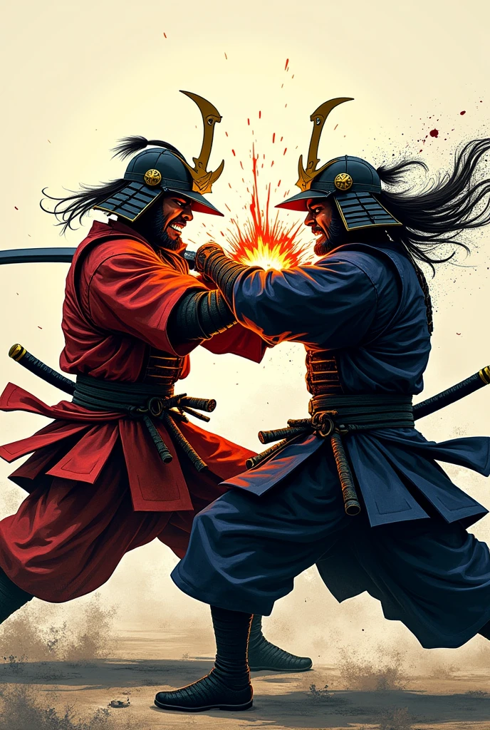 A samurai striking another samurai in the chest in manga style