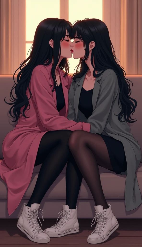 Two young womens, long black hairs, yuri, lesbian
The first young women black eyes wear a pink coat, black shirt, black pencil skirt, black underpants, black tights, white socks, white sneakers high top.
The second young women black eyes wore a grey coat, black shirt, black pencil skirt, black underpants, black tights, white socks, white sneakers high top.
french kiss, lesbian kiss, kissing, hugging, sensual body, closed eyes, sitting on the sofa, insert hand into under black pencil skirt, cartoon novel, 4K, HD