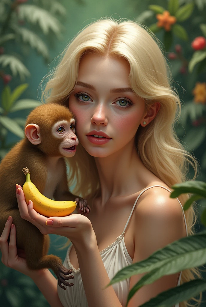 beautiful white girl eating banana from a monkey