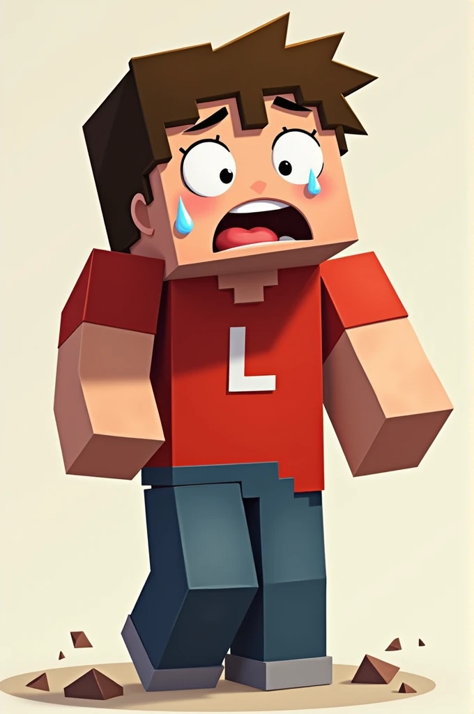 Create a dizzy minecraft character with drool dripping down, with the red shirt and with a "L" little white on his chest