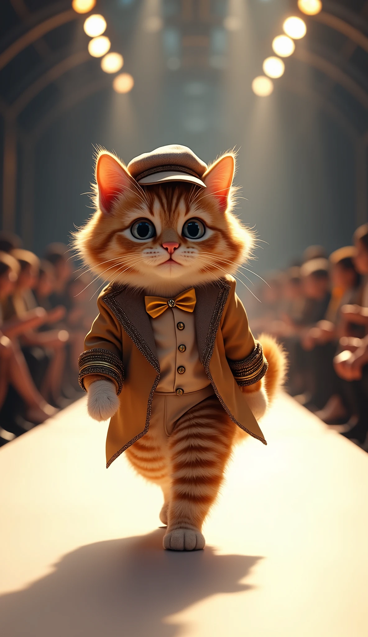 cute cat walking down runway wearing fashion clothes