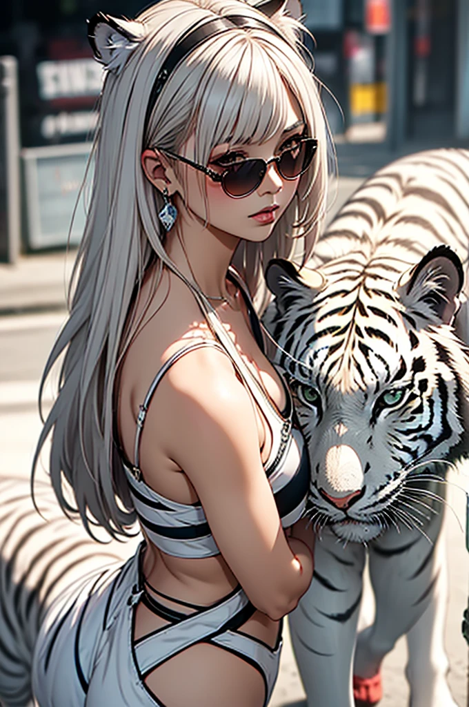 cyber punk, Frank Frazetta style, Perfect composition, One Woman, alone, Mature Woman,White Tiger Theme, Please raise your hand, Please raise your knees, stop temporarily, Low angle close up shot, Strong bloom in the background, Shine, Soft pink edge light, length, spiky white hair, White tiger ears, ((Big tits beauty))White tiger tail, White tiger fur stockings, small Shineing orange sunglasses, White tiger stripes, Perfect hands, High Contrast, Enhanced brightness, Strong top-down lighting