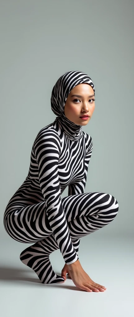 The most beautiful,thin,most pretty and clever Malaysian muslimah adult girl wears plains zebra lycra turtleneck unitard catsuit covered with stripes.She always wear plains zebra lycra dancewear stretchy hijab covered with stripes.She is crawling.