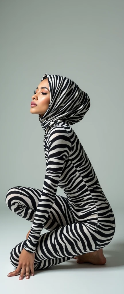 The most beautiful,thin,most pretty and clever Malaysian muslimah adult girl wears plains zebra lycra turtleneck unitard catsuit covered with stripes.She always wear plains zebra lycra dancewear stretchy hijab covered with stripes.She is crawling.