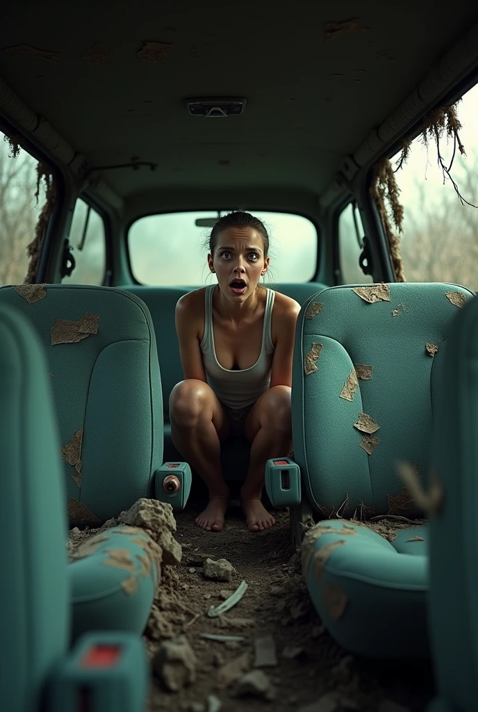 Make a picture of the inside of a car where its seats are completely broken and a surprised person