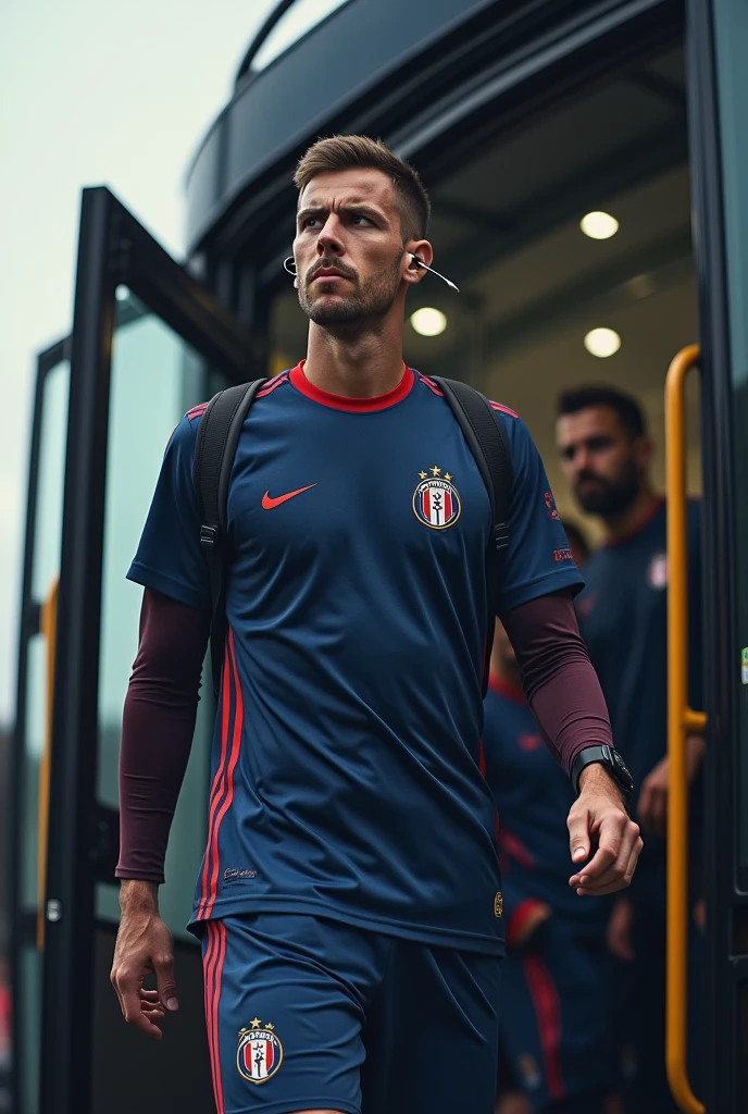 European football player, leaving the club sports bus, earbuds,, sports environment 