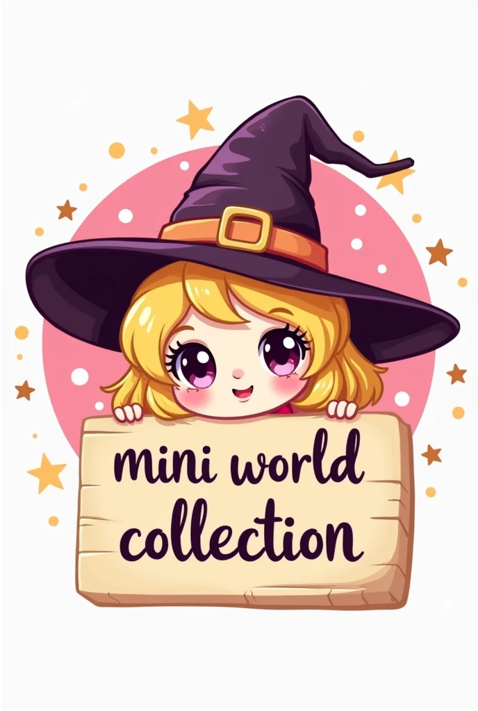 Create a logo drawn with the face of a cute witch with a sign that says:MINI WORLD COLLECTION
Let the witch be blonde
Put the drawing in a circle shape and put stars on it
Let the background of the circle be pink.vuleve a hacer esta imagen pero que el cartel diga: MINI WORLD COLLECTION 