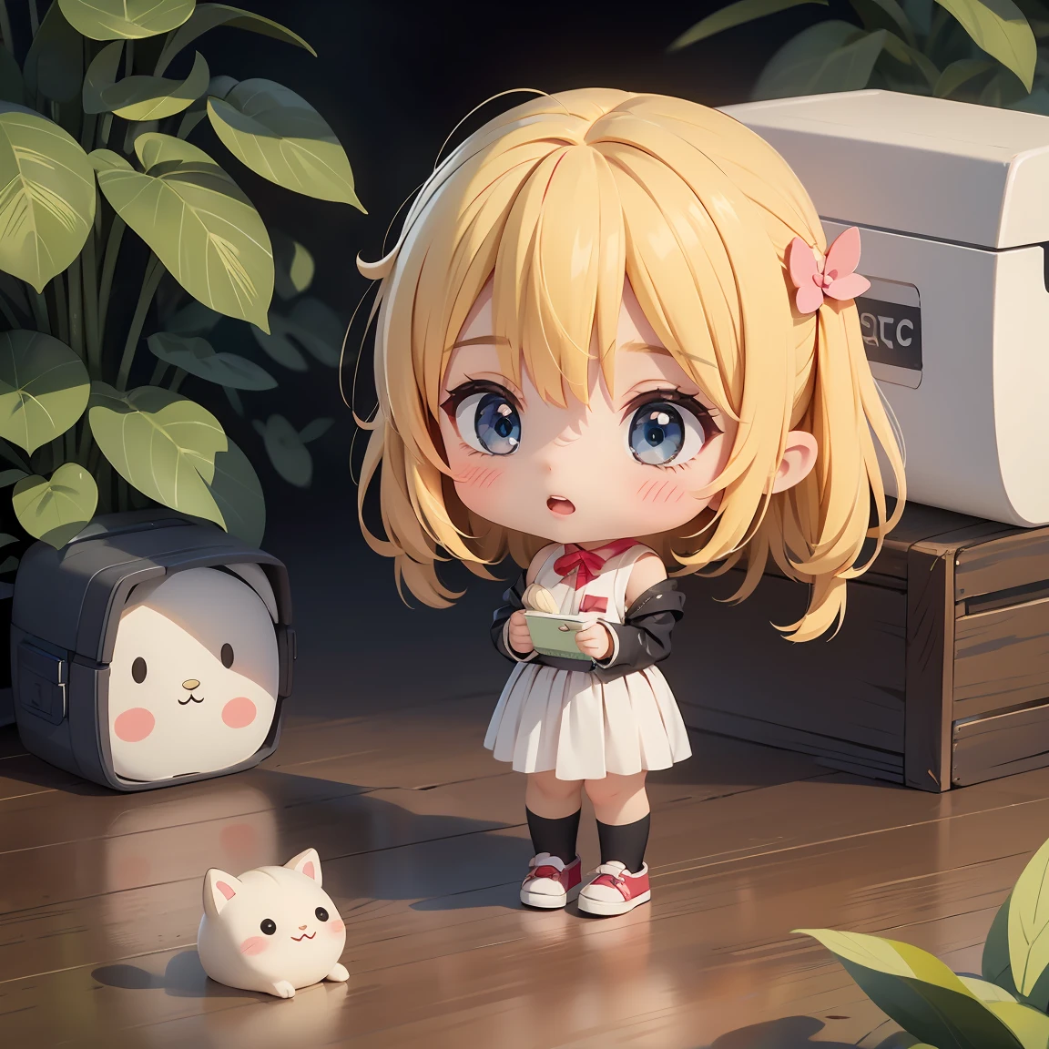 PopMart blind box IP, Chinese zodiac, super cute girl wearing sheep hoodie , technological elements, fashionable clothes, streamlined 3D/C4D production: 8K HD picture quality/lighting/ultra-fine lens depiction 1.5, flawless, chibi background/cinematic sense.