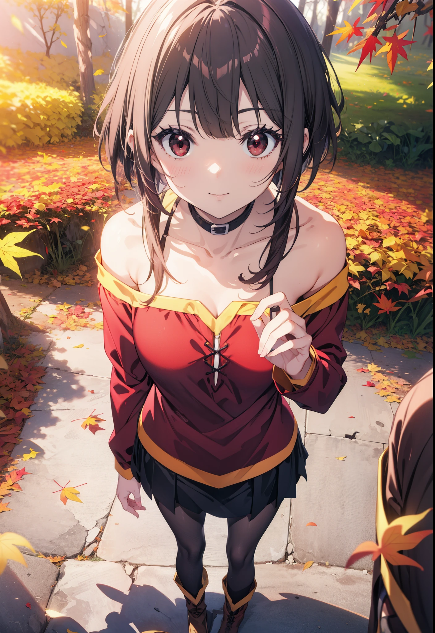 konosubaMegumin, Megumin, short hair, Black Hair, (Red eyes:1.3), short hair with long locks,smile,One-shoulder sweater,mini skirt,Black pantyhose,short boots,autumn leaves,autumn leavesが積もっている,autumn leavesが散っている,Walking,Daytime,Clear skies,whole bodyがイラストに入るように,
break outdoor, forest,
break looking at viewer,whole body, 
break (masterpiece:1.2), Highest quality, High resolution, unity 8k wallpaper, (figure:0.8), (Beautiful attention to detail:1.6), Highly detailed face, Perfect lighting, Highly detailed CG, (Perfect hands, Perfect Anatomy),