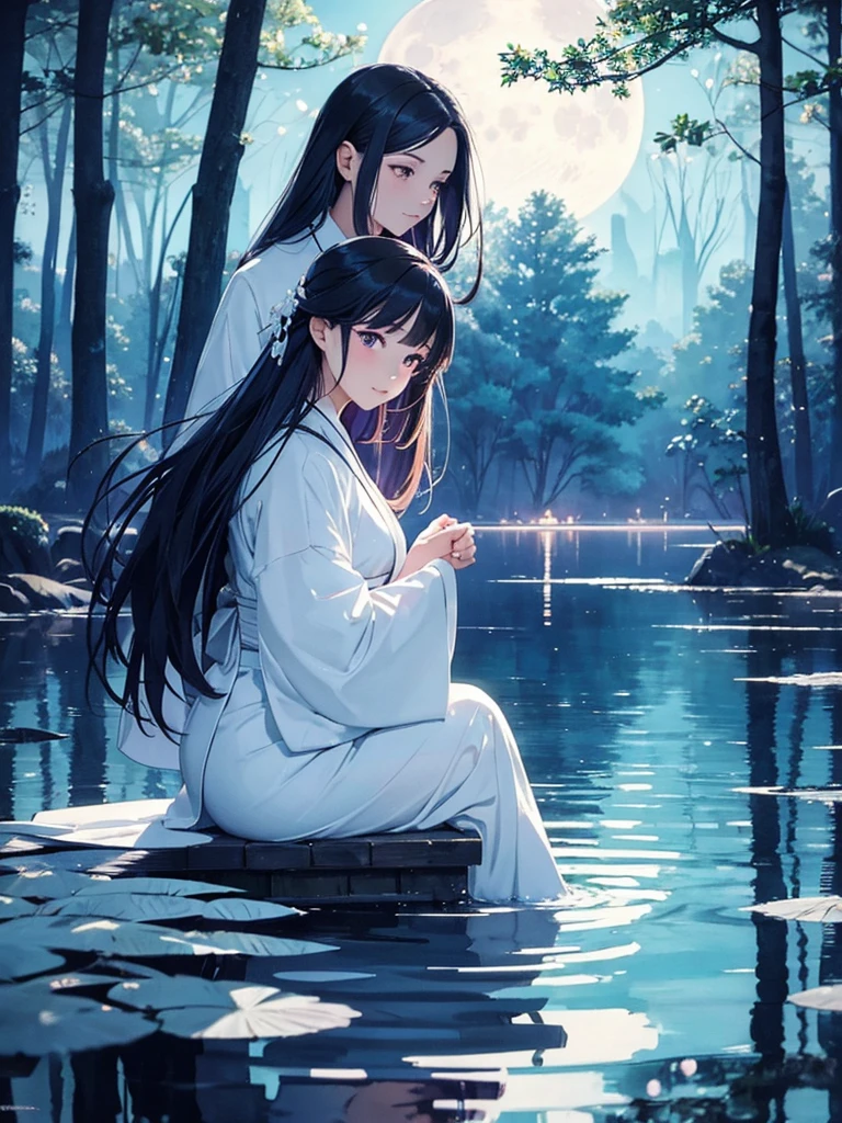 A beautiful elegant woman silhouette in a White kimono, sitting by a calm lake under a night sky, her purple eyes gazing out over the still water, the moon casting a gentle light through the thick canopy of trees surrounding the lake, shadows dancing across the water creating an otherworldly reflection, the woman serenly dipping her toes into the cool water, enjoying the cold touch against her skin in the moonlit brightness, in a vibrant, water color-style painting