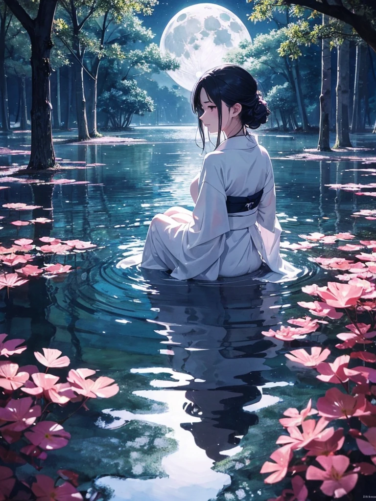 A beautiful elegant woman silhouette in a White kimono, sitting by a calm lake under a night sky, her purple eyes gazing out over the still water, the moon casting a gentle light through the thick canopy of trees surrounding the lake, shadows dancing across the water creating an otherworldly reflection, the woman serenly dipping her toes into the cool water, enjoying the cold touch against her skin in the moonlit brightness, in a vibrant, water color-style painting