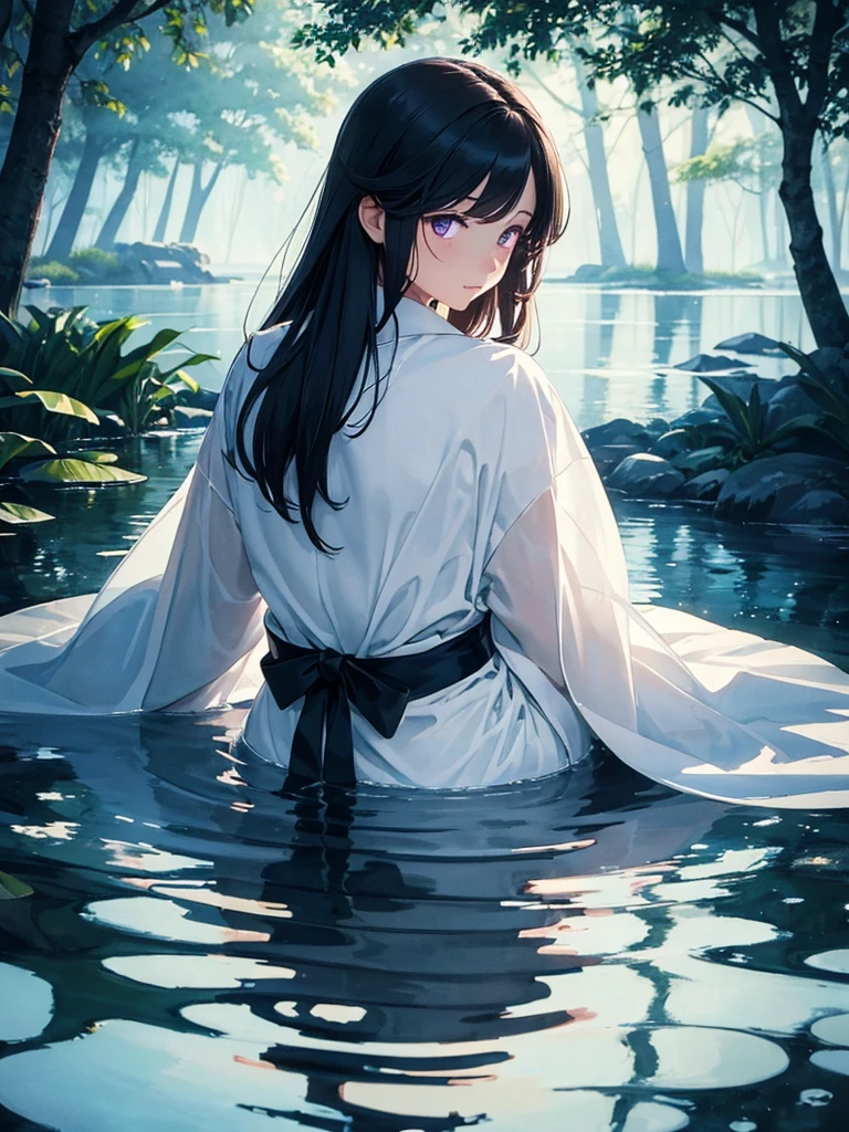 A beautiful elegant woman silhouette in a White kimono, sitting by a calm lake under a night sky, her purple eyes gazing out over the still water, the moon casting a gentle light through the thick canopy of trees surrounding the lake, shadows dancing across the water creating an otherworldly reflection, the woman serenly dipping her toes into the cool water, enjoying the cold touch against her skin in the moonlit brightness, in a vibrant, water color-style painting
