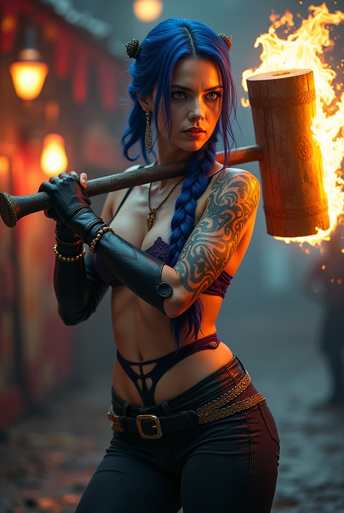 make an adult woman&#39;s hair in 2 braids of dark blue color, with yellow eyes, Your skin is white, she is strong and thin and has tattoos on her arms, wears circus clothes in shades of dark blue, purple and dark red, carrying a sledgehammer with flames